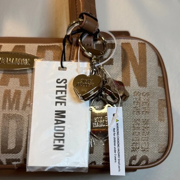 Steve Madden Beige and Brown Logo Shoulder Bag with Charm - Picture 3 of 10